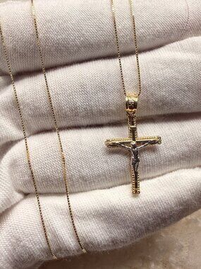 14K Two Tone Gold Crucufix Pendant With 0.5mm Box Chain - 18 inch